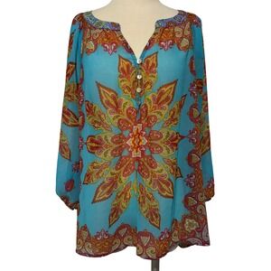 New Directions Paisley Mandala Sheer Tunic Top Blue Multicolor‎ Boho Blouse L